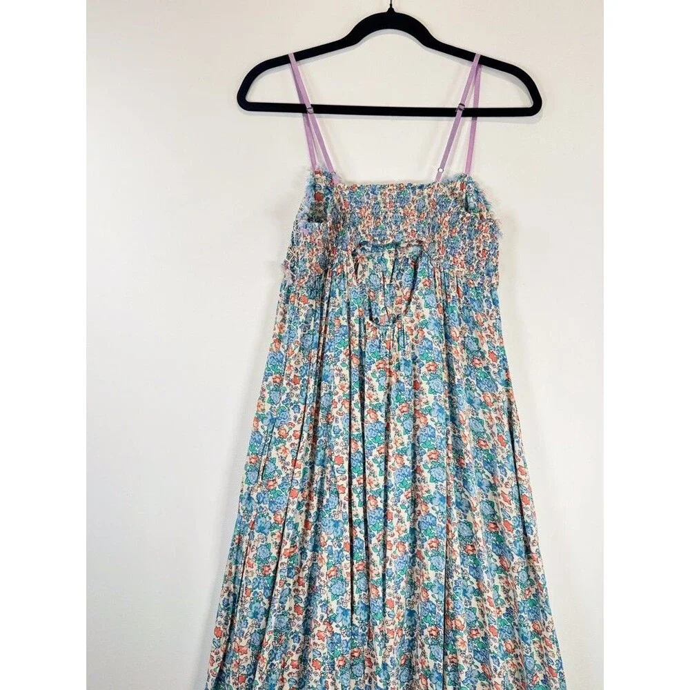 Free People Maxi Dress Blue Molly Jo Floral Button Down Cutout Back Smocked XS